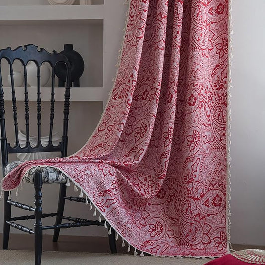 ENJOYBRIDAL Red Paisley 96 Inch Curtains for Bedroom Boho Drapes Semi Sheer Rod Pocket 2 Panels Long Window Curtain Panels for Living Room Farmhouse Jacquard Decorative Vintage Window Treatments