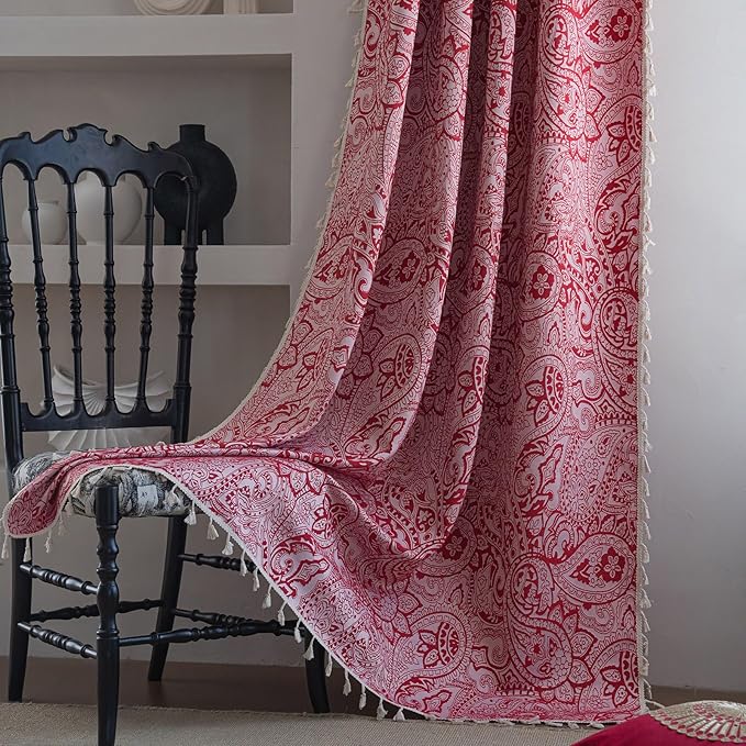 ENJOYBRIDAL Red Paisley 84 Inch Curtains for Bedroom Semi Sheer Drapes Rod Pocket 2 Panels Floor Length Window Curtain Panels for Living Room Farmhouse Jacquard Decorative Vintage Window Treatments