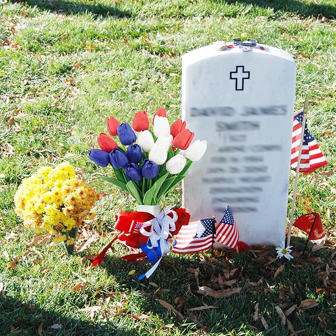 18 Pcs Real Touch Tulips Artificial Flowers, Patriotic Flower for 4th of of July Decoration Cemetery Flowers for Grave Vase Memorial Day Independence Day Decor