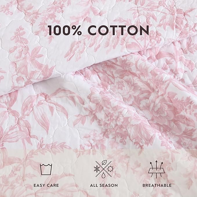 Laura Ashley - Twin Quilt Set, Soft & Reversible Cotton Floral Bedding with a Medium Weight Feel, 2 Piece Bed Set with Matching Pillowcase (Bedford Pink)