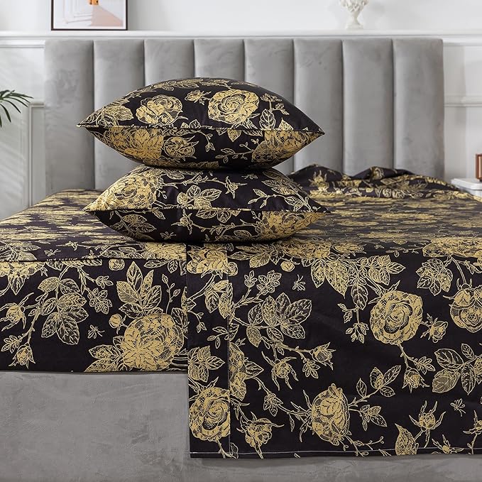 FADFAY Rose Sheets Set King Vintage Black Gold Floral Bedding Shabby Peony Botanical Sheets Luxury Farmhouse Bedding 800 Thread Count 100% Egyptian Cotton Deep Pocket Fitted Sheet 4Pcs, King Size