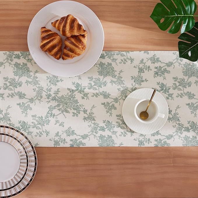 100% Cotton French Pastoral Table Runners, 13x90 Inch Vintage Green Farmhouse Table Runners 90 Inches Long, Vintage Flowers Print Home Decors