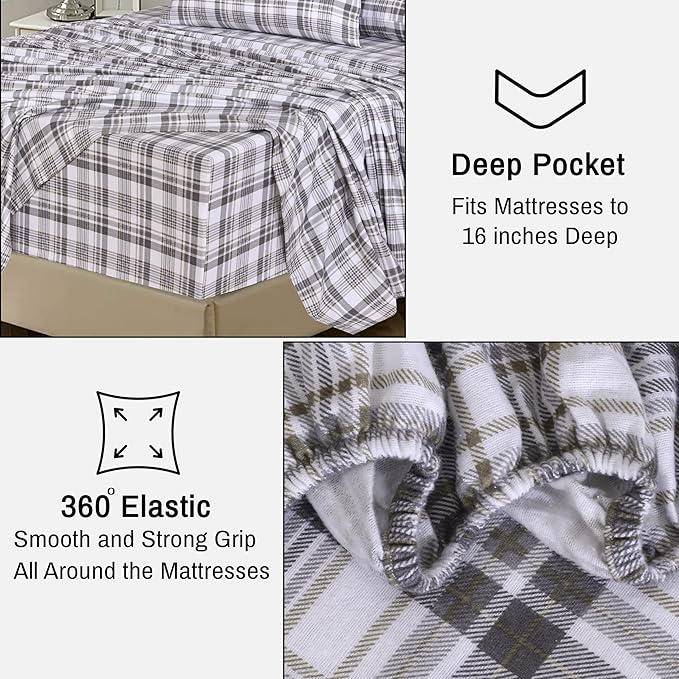 RUVANTI Flannel Sheets King Size - 100% Cotton Brushed King Size Sheets Set - Deep Pockets 16 Inches Bed Sheets - All Seasons Breathable & Extra Soft - Warm & Cozy, 4 Piece, Modest