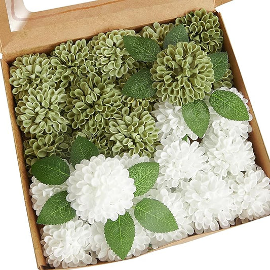 Artificial Flowers, 25pcs Artificial Rose for DIY Wedding Bouquets Centerpieces Arrangements, Elf Green and White Dahlia Flowers with Stem for Bridal Shower Party Home Decorations