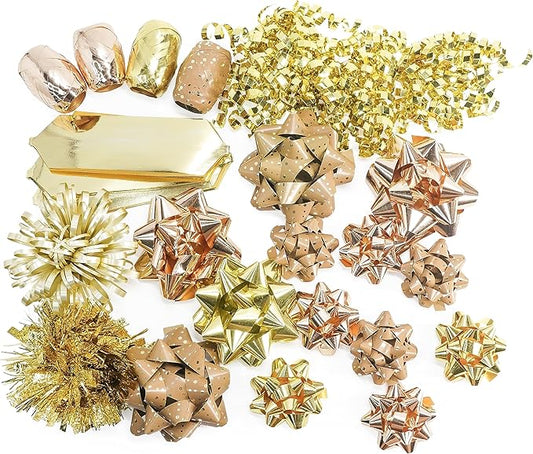 CT CRAFT LLC Gift Bows 22 PCS Set Multi Colored Assorted - Bow x 18 pcs + Kegg Roll x 4 pcs - Gold/Bronze Gold, Holiday Christmas Birthday Party Wrapping