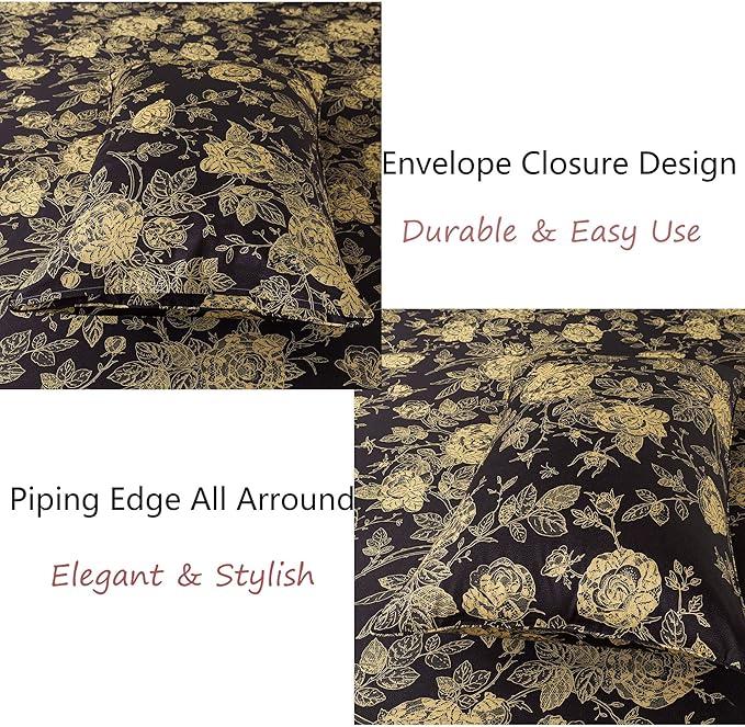 FADFAY Rose Sheets Set King Vintage Black Gold Floral Bedding Shabby Peony Botanical Sheets Luxury Farmhouse Bedding 800 Thread Count 100% Egyptian Cotton Deep Pocket Fitted Sheet 4Pcs, King Size