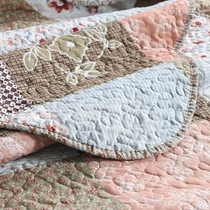 HoneiLife Quilt Set Queen Size - 3 Piece Microfiber Quilts Reversible Bedspreads Patchwork Coverlets Floral Bedding Set All Season Quilts,Mocha Rose-Queen/Full Size