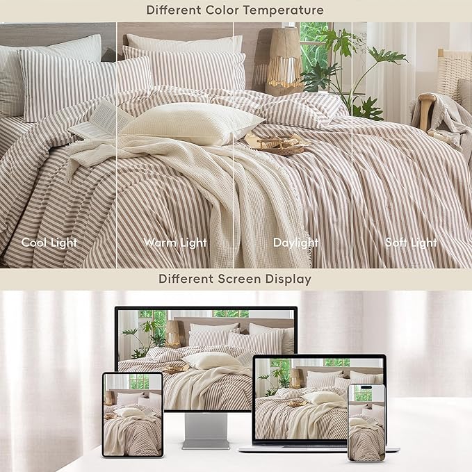 MooMee Striped Duvet Cover Set 100% Washed Cotton Linen Like Textured Breathable Durable Soft Comfy (Orange Classic Stripes, Oversized Queen 98"x98")