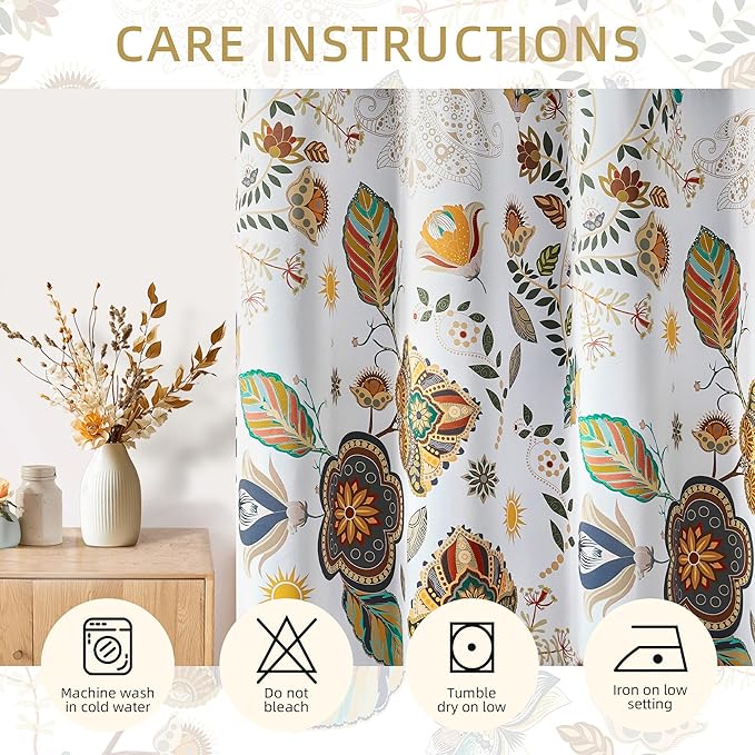 XiDi White Vintage Floral Blackout Curtains 2 Panels for Living Room Bedroom 84 Inches Long Boho Flower Leaf Patterned Curtains Thermal Insulated Mid Century Colorful Grommet Window Drapes 52x84