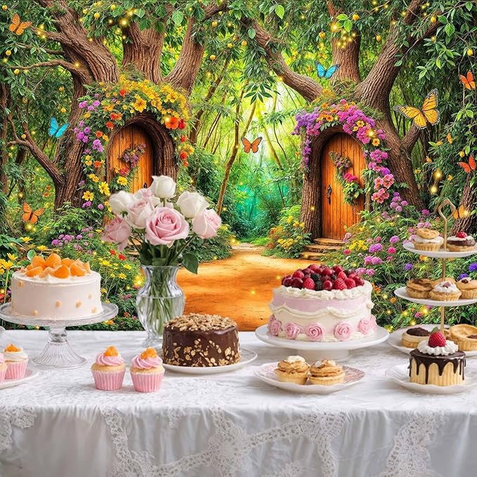 20X10ft Enchanted Forest Backdrop Fairy Tale Green Garden Wonderland Tree House Floral Butterfly Background for Kids Girl Baby Shower Birthday Party Decoration Banner Cake Table Photo Booth Props