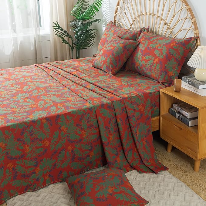 FADFAY Floral Sheets Set King Vintage Red Green Floral Bedding Shabby Maple Leaf Farmhouse Bedding Super Soft Washed Double -Layer Muslin Sheets 100% Cotton Deep Pocket Fitted Sheet 4Pcs, King Size