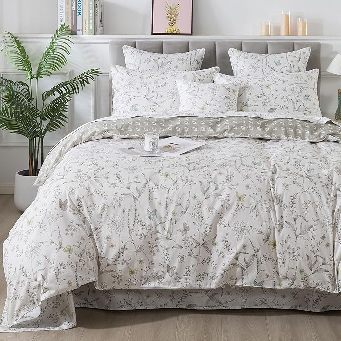 FADFAY Duvet Cover Set Twin Colorful Butterfly Bedding Vintage Botanical Comforter Cover Set Shabby Branches Bedding 100% Cotton Ultra Soft Quilt Cover with Hidden Zipper Closure 3Pcs, Twin Size