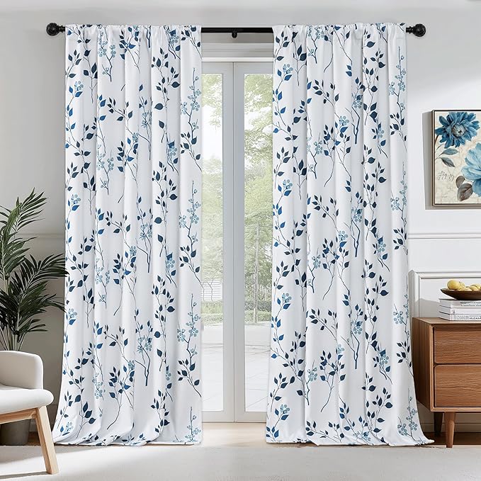 Beauoop Floral 100% Blackout Curtains 84 Inches Long 2 Panels for Bedroom Living Room Navy Blue and White Flower Patterned Room Darkening Thermal Soundproof Rod Pocket Back Tab Window Drapes, 52X84