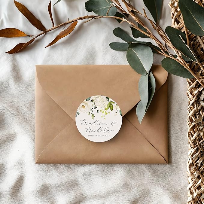Personalized Floral Wedding Stickers with Your Choice of 30 Flower Styles - Choose Font and One of Five Pre-made Phrases or Add Custom Text (010 - White Flowers)