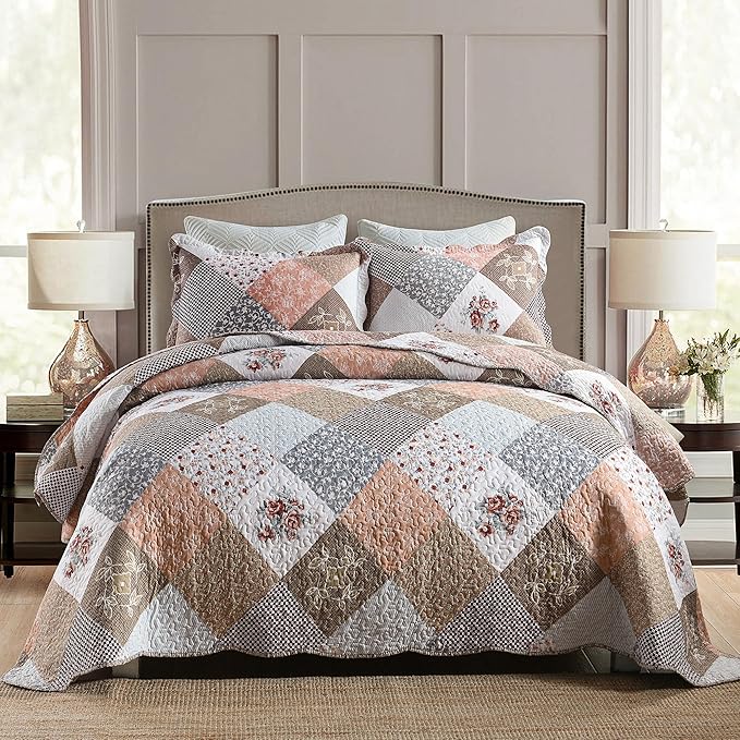 HoneiLife Quilt Set Queen Size - 3 Piece Microfiber Quilts Reversible Bedspreads Patchwork Coverlets Floral Bedding Set All Season Quilts,Mocha Rose-Queen/Full Size