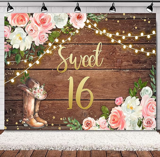 SVBright Sweet 16 Happy Birthday Backdrop 8Wx6H Cowgirl Western Rustic Country Wooden Plank Watercolor Pink Flower Floral Boots Farmhouse Decorations Photography Background Banner Photo Booth Studio