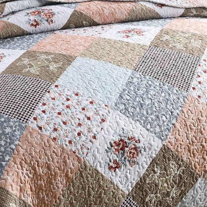HoneiLife Quilt Set Twin Size - 2 Piece Microfiber Quilts Reversible Bedspreads Patchwork Coverlets Floral Bedding Set All Season Quilts with Geometric and Little Rose Print Pattern，Coffee