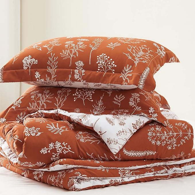 Bedsure Twin/Twin XL Comforter Set - Terracotta Bed Set, 2 Pieces Cute Floral Bedding, 1 Soft Reversible Botanical Flowers Comforter and 1 Pillow Sham