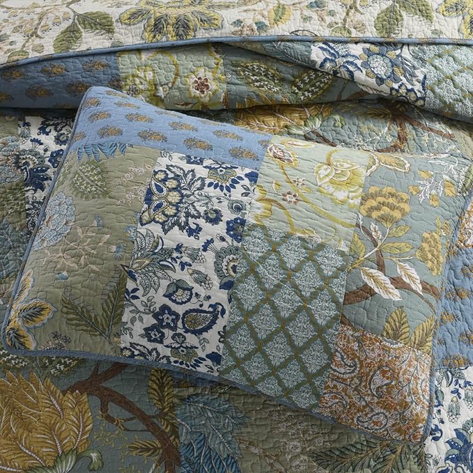 Yvooxny Quilt Set King Bedspread Reversible Green Farmhouse Garden Coverlet Real Patchwork Quilt Set for All Seasons with Pillowcases, Farmhouse Floral Pattern, King Size