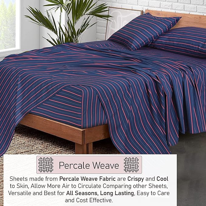 RUVANTI 100% Cotton Full Size Bed Sheets, 4 Pieces, Soft & Breathable Percale Weave Bedding, Deep Pocket 16", Hotel Standard, Crisp Cool Feel, Durable, Perfect Sheet Set Striped, Nautical