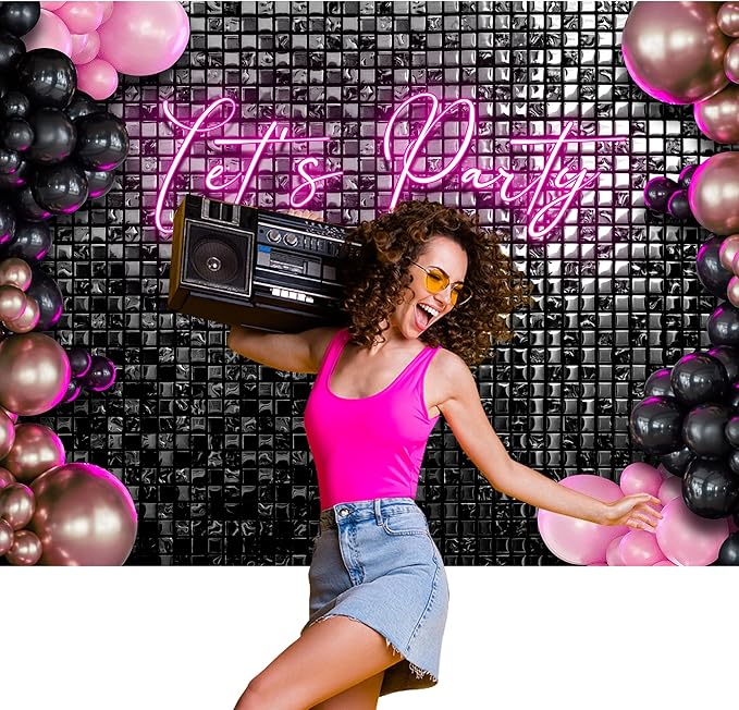 Riyidecor Let's Party Backdrop Modern Disco 80s Black Neon Pink Plaid Checkered Balloons Fashion Shinning Groovy 7Wx5H Feet Girls Photography Background Birthday Photo Studio Shoot Polyester Fabric