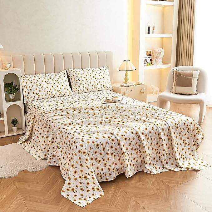 Softan Yellow Floral Sheet Set King, Sunflower Printed Bed Sheets King, Brushed Microfiber Fitted Sheet with 15" Deep Pocket & Non-Slip Straps, Yellow Flower Patterned Sheet & Pillowcase Sets