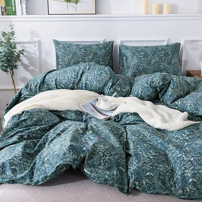 EAVD Botanical Floral Duvet Cover Full Blue Soft Cotton Garden Floral Bedding Set with 2 Pillowcases Vintage Style Botanical Full Duvet Cover with Zipper Closure