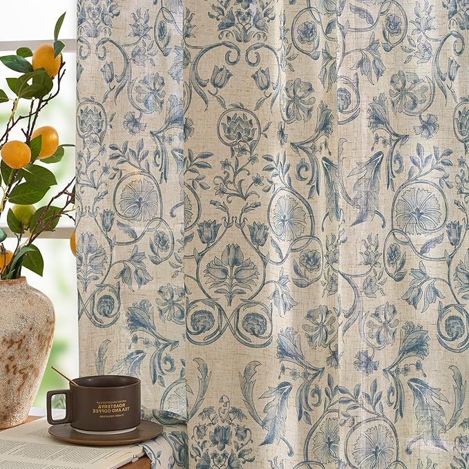 jinchan Linen Floral Curtains for Living Room with Printed Flower 84 Inches Long Light Filtering Farmhouse Window Treatment Vintage Drapes Back Tab Rod Pocket 2 Panels Blue on Beige