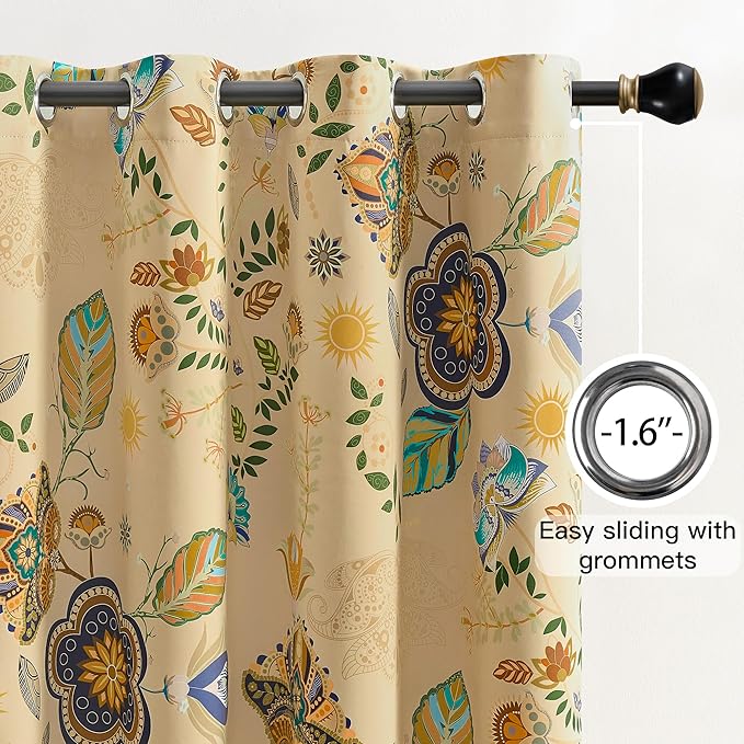 XiDi Beige Vintage Floral Curtains Boho Blackout Curtains Patterned 84 Inches Long 2 Panels for Bedroom Living Room Thermal Insulated Grommet Luxury Colorful Botanical Flower Leaf Printed Drapes 52x84
