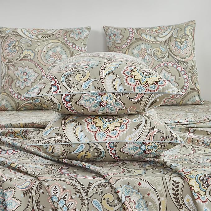 FADFAY Paisley Sheets Set Full Vintage Floral Bedding Set 100% Egyptian Cotton Soft Breathable Bed Sheets Luxury 17.7“ Deep Pocket Fitted Sheet Shabby Beige Boho Style for All Season, Full Size