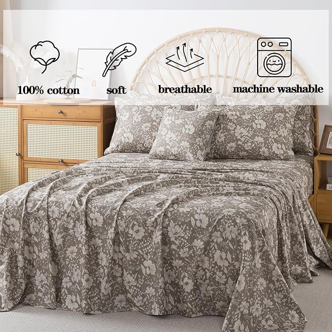 FADFAY 100% Cotton Floral Bed Sheet Set King, Mocha Mousse Botanical Bedding Set, Soft Breathable 4 Piece Cotton Sheets with Deep Pocket Fitted Sheet, Flat Sheet & 2 Pillowcases, Vintage Style
