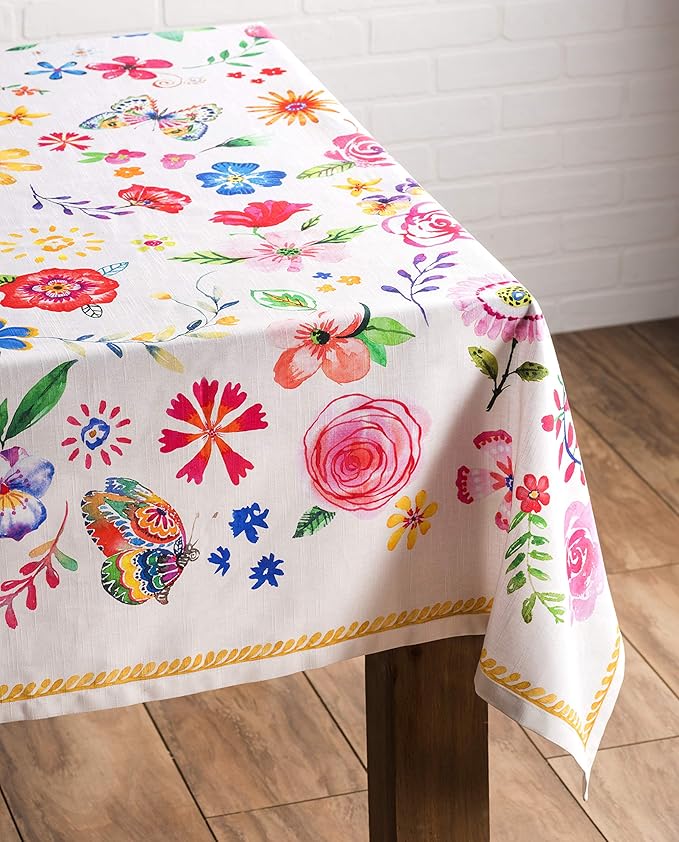 Maison d' Hermine Table Cloth Square Table 100% Cotton 60 x 60 Inches Tablecloth Reusable Decorative for Dining Room, Farmhouse, Home, Party, Festive & Wedding Spring Summer - Happy Florals - Sweety