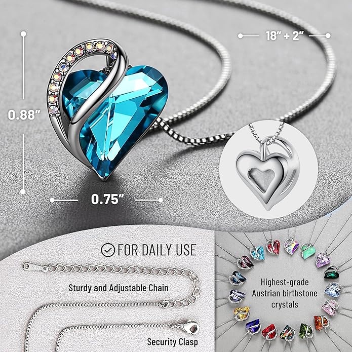 Leafael Necklaces for Women, Infinity Love Birthstone Heart Crystal Pendant, Birthday Jewelry Gifts for Her, Mom, and Wife, Silver Plated, 18 plus 2 inch Adjustable Chain