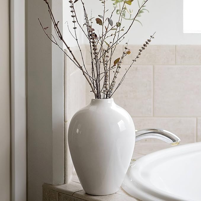 Willowy 10 Inch Elegant Glossy Porcelain Vase - White Ceramic Vase, Large Ceramic for Vases Home Decor, Tall White Decorative Vases for Pampas Grass