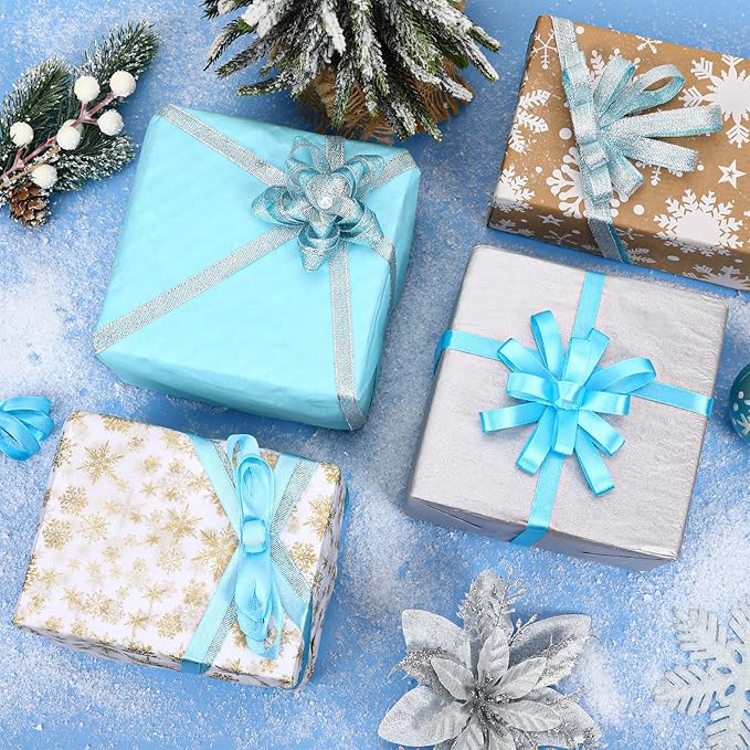 DECYOOL Winter Ribbons, 4 Rolls 100 Yards Christmas Satin Ribbons for Gift Wrapping, 10mm Wide Xmas Winter Holiday Craft Ribbon for DIY Crafts and Christmas Tree Wreaths Decoration (Blue, Silver)