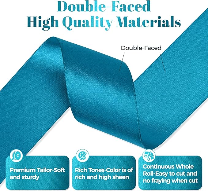 Premium Double Faced Satin Polyester Ribbon, 2 Inch X 50 Yards, Turquoise Blue, Perfect for Gift Wrapping, Crafts, Wedding Decor, Special Occasions