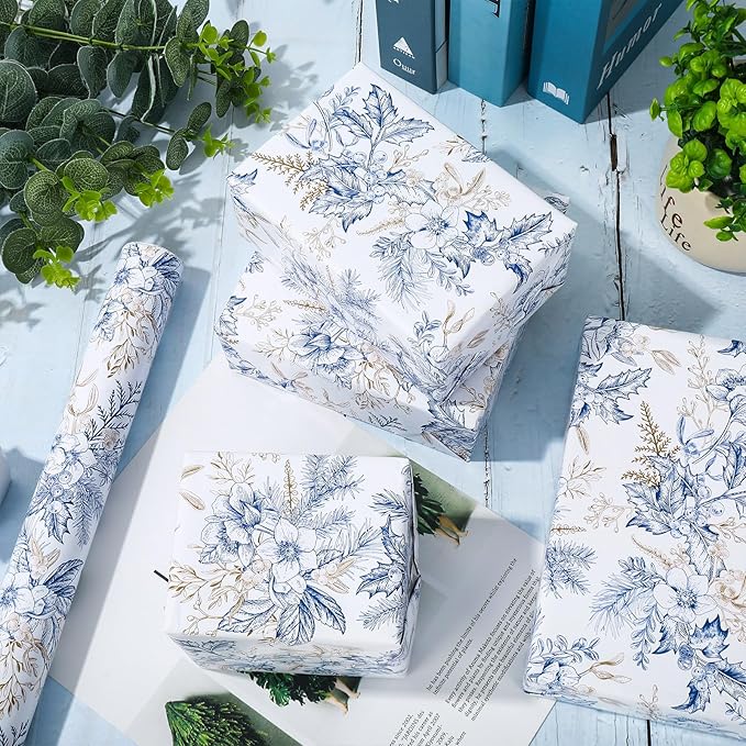 JarThenaAMCS Blue Gold Floral Wrapping Paper -Mini Roll- 17In x 32.8Ft Flower Berry Gift Wrap Paper Decorative Art Paper for Wedding Birthday Gift Packing Supplies