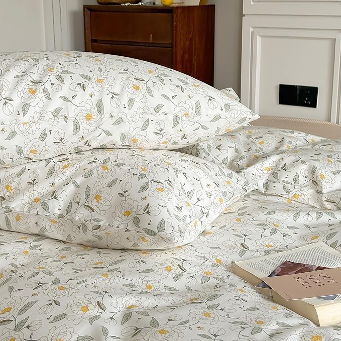 AOJIM Aesthetic Floral Printed Duvet Cover Set for Room Decor, Pure Cotton Comforter Cover Set 3pcs for Kids Adults, 1 Soft Cozy Quilt Cover Queen Size and 2 Matching Pillowcases, No Quilt or Pillow
