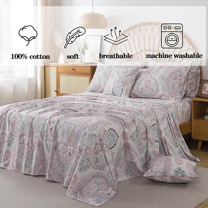 FADFAY 100% Cotton Paisley Damask Queen Bed Sheet Set, 4-Piece Soft Breathable Vintage Bedding with Deep Pocket Fitted Sheet, Flat Sheet and Pillowcases, All Season Cotton Sheets