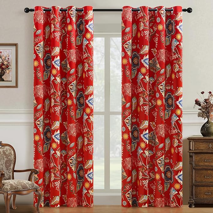 XiDi Vintage Floral Curtains 90 Inches Long for Bedroom Living Room Red Patterned Blackout Curtains 2 Panels Thermal Insulated Luxury Curtains Flower Botanical Leaf Printed Grommet Drapes Red 52x90