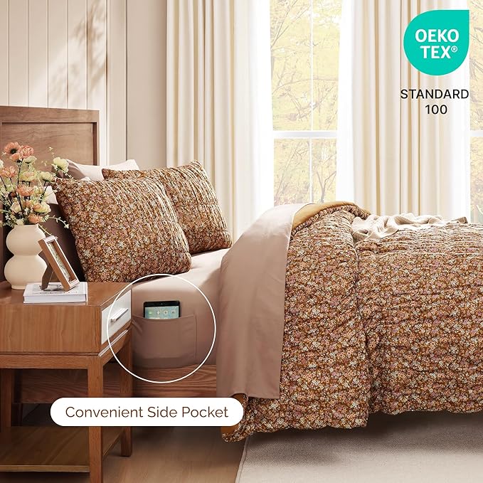 Full Size Comforter Sets-7 Pieces Puff Brown Floral Bedding Set for All Seasons, Shabby Chic Farmhouse Bed in a Bag Full with Floral Comforter, Sheets, Pillowcases & Shams