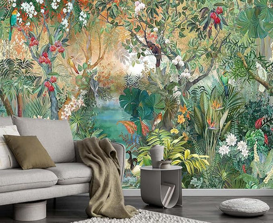 Tropical Plant Forest Wallpaper Mural Animals and Flowers Jungle Landscape Wall Mural for Bedroom Living Room Bathroom