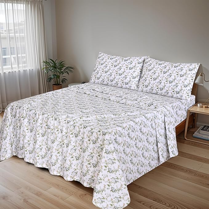 RUVANTI 100% Cotton King Size Sheets Set, 4 Pieces, Soft & Breathable Percale Weave Bedding, Deep Pocket 16", Hotel Standard, Crisp Cool Feel, Durable, Perfect Floral Bed Sheet, Heritage