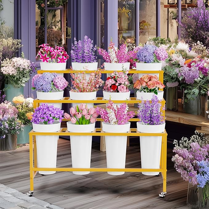 Asee'm Flower Display Stand with 12 Buckets, 3-Tier Flower Stand with Wheels, Heavy Duty Moving Metal Plant Bar Cart Stands Florist Bouquet Shelf for Indoor Outdoor Patio Garden(Gold - Round Bucket)