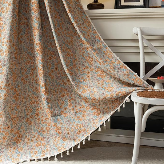 ENJOYBRIDAL Orange Floral Curtains Boho Light Filtering Drapes Vintage Jacquard Rod Pocket Semi Sheer Window Curtains Bedroom Living Room Aesthetic Tassel 84 Inch Length 2 Panels Set Window Treatments