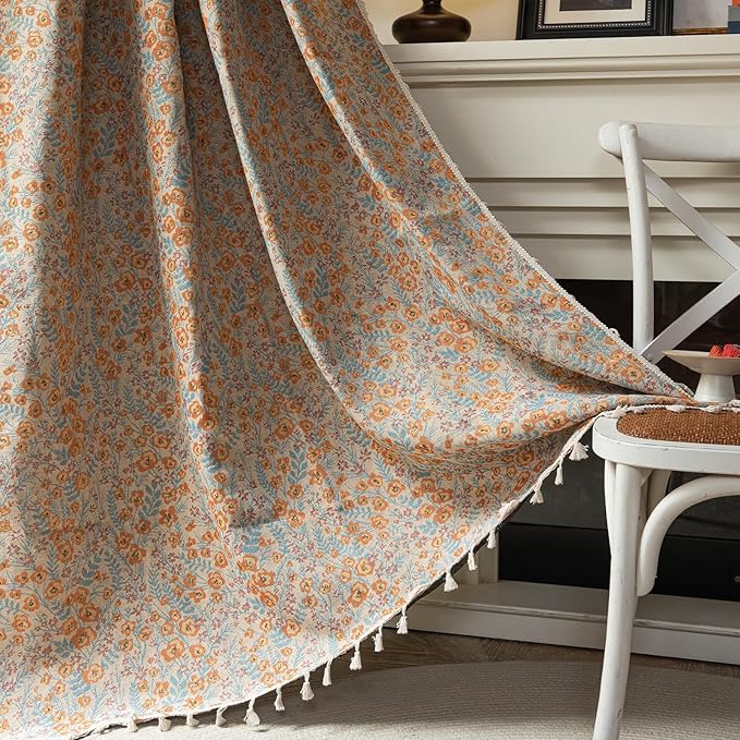 ENJOYBRIDAL Orange Floral Curtains 63 Inch Length Boho Light Filtering Drapes Short Vintage Jacquard Rod Pocket Window Curtains Semi Sheer Bedroom Living Room Tassel 2 Panels Set Window Treatments