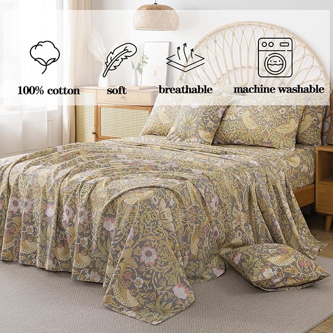 FADFAY 100% Cotton Cal King Bed Sheet Set, 4 Piece Gray Vintage Floral Bird Print Bedding, Soft Breathable Cooling Sheets, Deep Pocket Fitted Sheet, Flat Sheet & Pillowcases, All Season Cotton Bedding