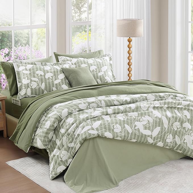 Queen Comforter Set -7 Pieces Sage Green Floral Comforter Set for All Seasons, Bed in a Bag Queen with Botanical Flowers Comforter, Sheets, Pillowcases & Shams