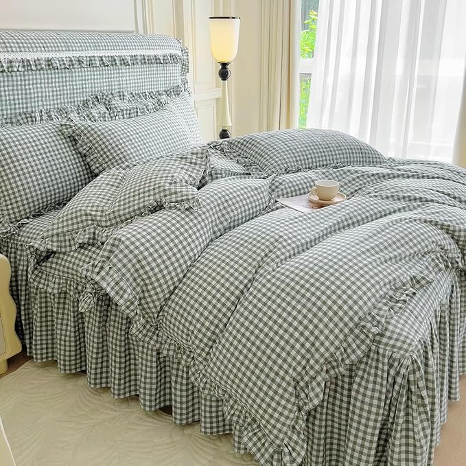 LifeTB Twin XL Comforter Set Green Gingham Comforter for Men Boys Ruffle Plaid Comforter Set Checkered Grid Bed Comforter with 2 Pillowcases Fluffy Soft Vintage Plaid Gingham Bedding Set Twin XL