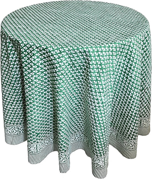 ATOSII Queen Green 100% Cotton Round Tablecloth, Handblock Print Floral Table Cloth for Kitchen Dining Linen I Parties, Weddings, Outdoors, Christmas, Thanksgiving I Fall Home Decor 60" Inches Round
